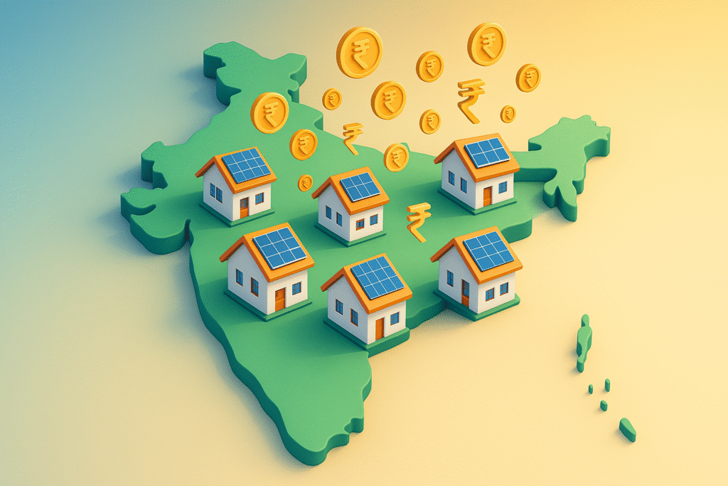 Rooftop solar panels on an Indian home with government subsidy benefits 2025.